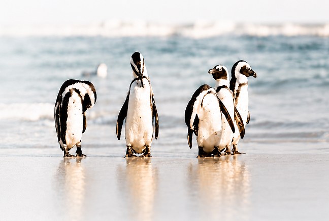 Penguins standing together near the shore